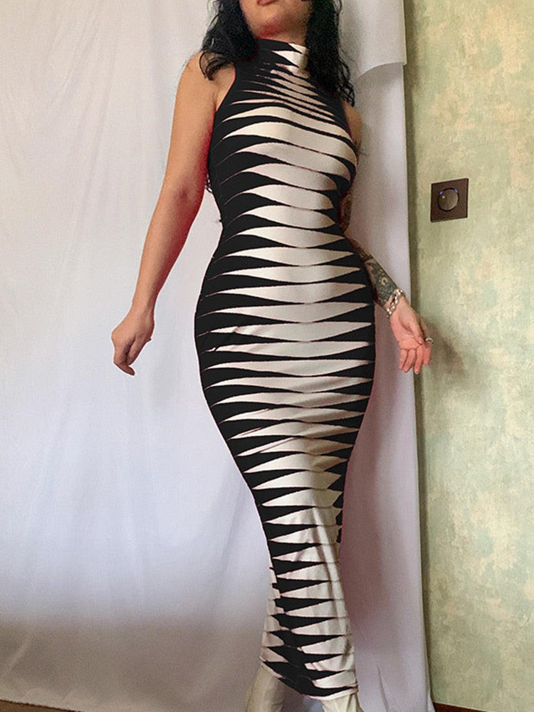 Hoobd Halter Sexy Dress Stripe Printed Bodycon Dress Summer Sleevless Mini Dress Club Female Outfit Streetwear Backless Dress