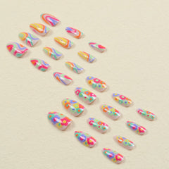 24pcs Girlish Colorful Graffiti Nail Art Fake Nails With Plants Flowers Patterns Short Press on False Nails With Wearing Tools