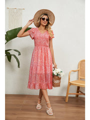 2023 Summer V-Neck Pleated Printed Chiffon Patchwork Waist-Tied Dress for Women