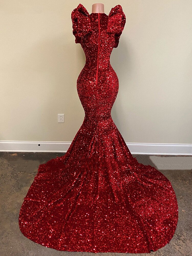 Hoobd Burgundy Sequin Long Mermaid Prom Dresses 2023 Black Girl Ruffles V-Neck Sleeveless Formal Evening Gown for Wedding