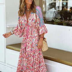 Hoobd Retro V-Neck Batwing Sleeve Long Dress Sexy Hollow Out High Waist Slit Boho Dress Women Elegant Floral Print Pleated Beach Dress