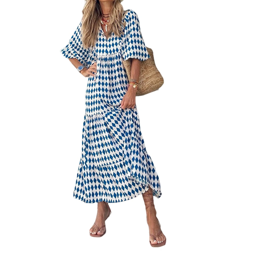 Women Vintage Bohemian Printing Beach Dress Fashion Bubble Sleeves V-Neck Long Dress Spring Summer Female Casual Loose Dresses
