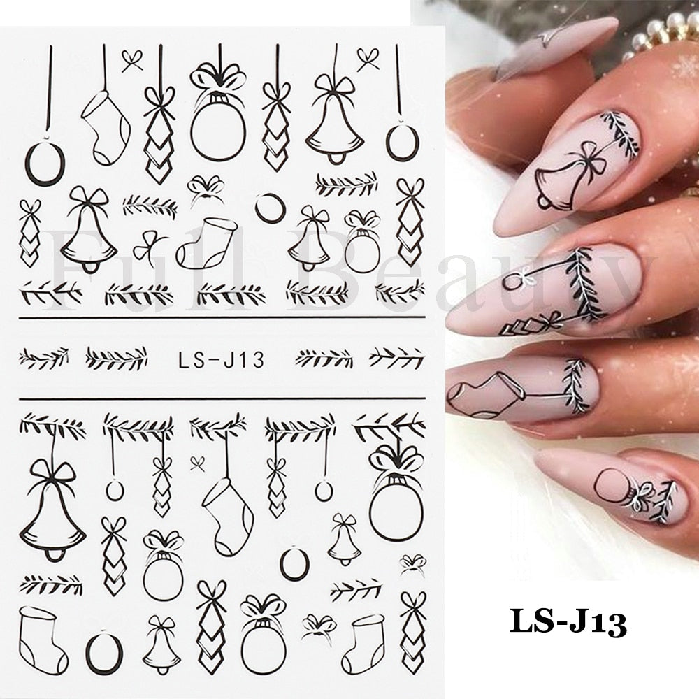 Christmas Nail Sticker 3D Reflective Shiny Glitter Gold Silver Snowflake Elk Bells Decal Slider For Manicure Decoration NLLS-J24