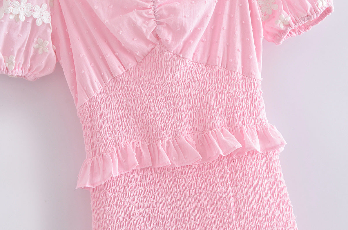 Hoobd High Quality 2023 Summer Pink Short Sleeve Women Ruffled Mini Dress