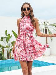 Allover Floral Belted Ruffle Hem Halter Dress Women Sleeveless Back Collar Button Boho Mini Dress Summer Holiday Chiffon Dress