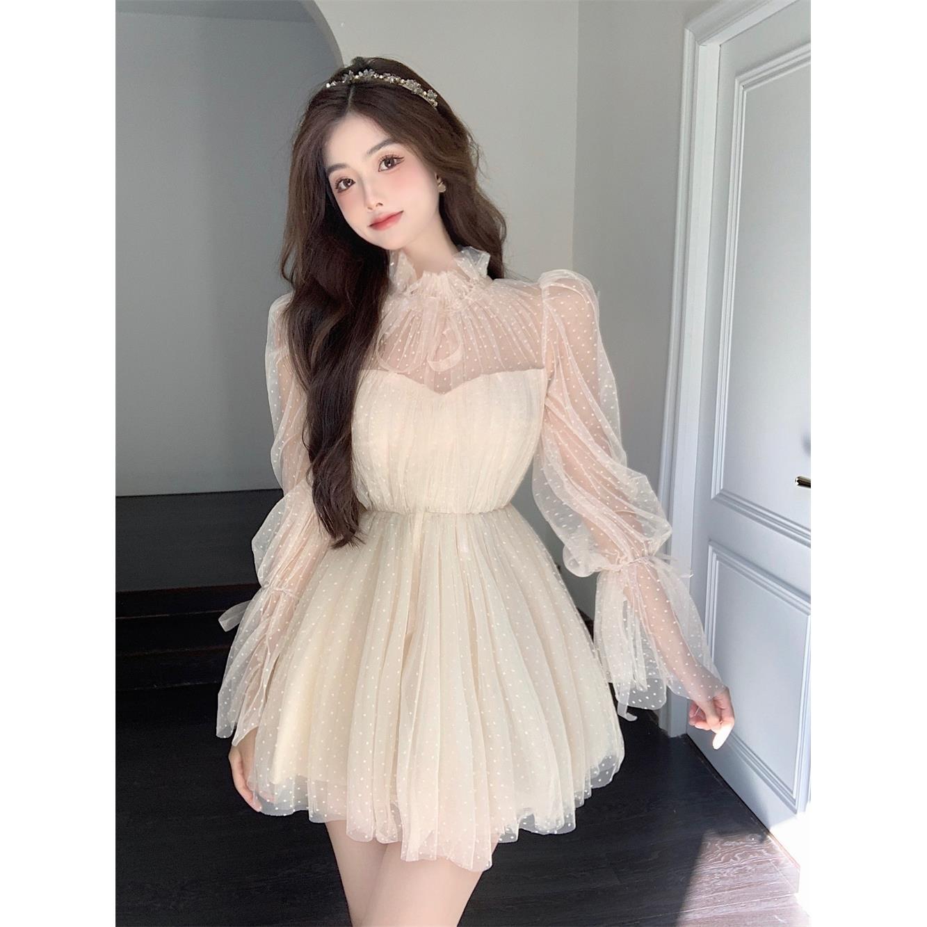 Long-Sleeved Polka-Dot Mesh Stitching Dress Elegant Tube Top Waist Slim Dress Women 2023 Spring Summer Korean Sweet Y2K Dresses