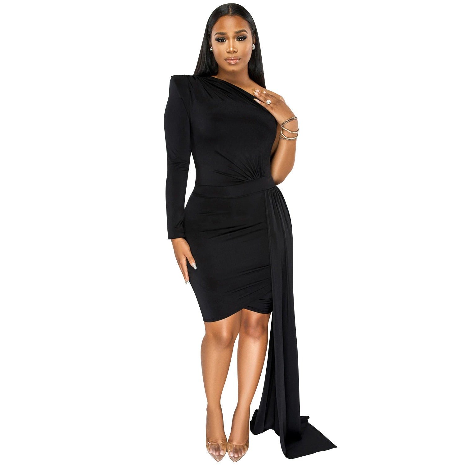 Hoobd Fall Party Dresses For Women 2023 Fashion Royal Blue Single Sleeve Long Strap Accent Mini Dresses Summer Womens Ruched Bodycon Party Dress Sexy Clubwear