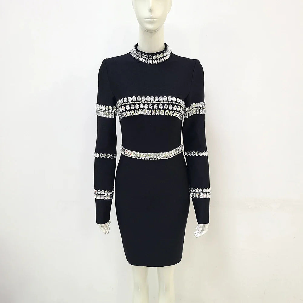 Brand New Women Winter Sexy Turtleneck Beading Long Sleeve Black Mini Bandage Dress  Elegant Evening Club Party Dress