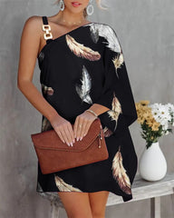 Hoobd Sexy One Shoulder Dress Women 2023 Fashion Printed Loose Office Mini Dresses Casual Straps Batwing Sleeve Beach Party Dresses