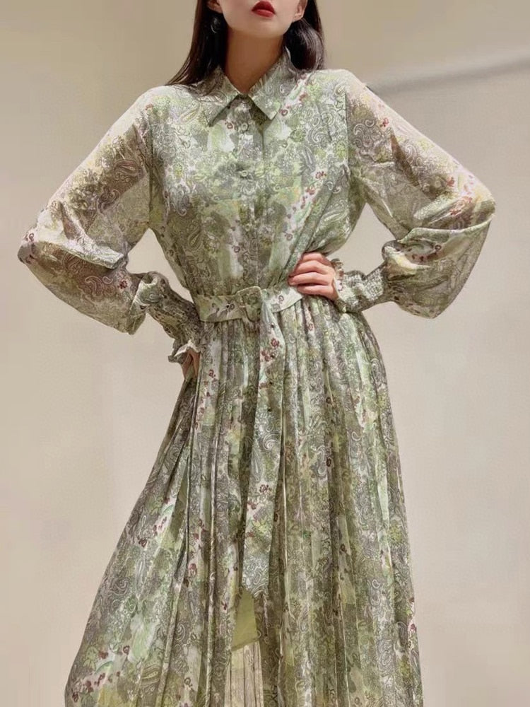 Fashion Designer Spring Print Midi Chiffon Dress Women 2023 New Elegant Long Sleeve Single Breasted Vintage Vacation Robes