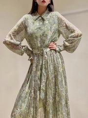 Fashion Designer Spring Print Midi Chiffon Dress Women 2023 New Elegant Long Sleeve Single Breasted Vintage Vacation Robes
