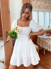 Hoobd White Summer Dress Backless Lace Up Ruffles Ruched Solid Tie Back Flounce Hem Dress·puff Sleeve Elegant Dress