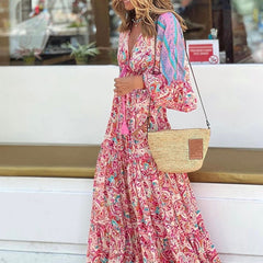 Hoobd Retro V-Neck Batwing Sleeve Long Dress Sexy Hollow Out High Waist Slit Boho Dress Women Elegant Floral Print Pleated Beach Dress