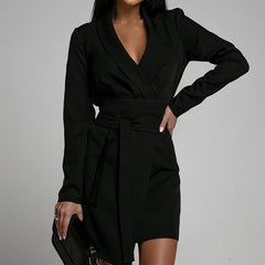 Hoobd Elegant Deep V Neck Blazer Straight Dress Women Sexy Tie-up Belted Office Mini Dress Spring Autumn Long Sleeve Solid Party Dress