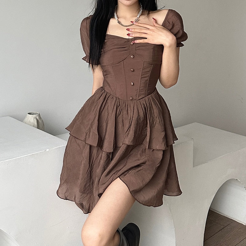 Hoobd Elegant Chiffon Corset Dress Brown Flare Long Sleeve Mini Dresses Vacation Short Party Dress Ruffles Slash Neck Outfit