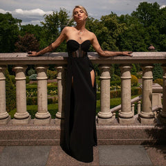 Sexy Black Mesh Patchwork Strapless Corset Maxi DressesWomen 2022 Summer Sleeveless Bodycon Split See Through Party Club Dress