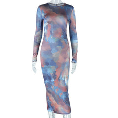 Casual Sexy O-neck Printed Bodycon Party Dress for Women Streetwear Y2K 2023 Spring Summer Ladies Nightclub Mid-calf Vestidos