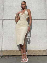 Knitted Cut Out Halter Sexy Backless Summer Beach Dress for Women Elegant Outfits Bandage Slit Dresses Bodycon New