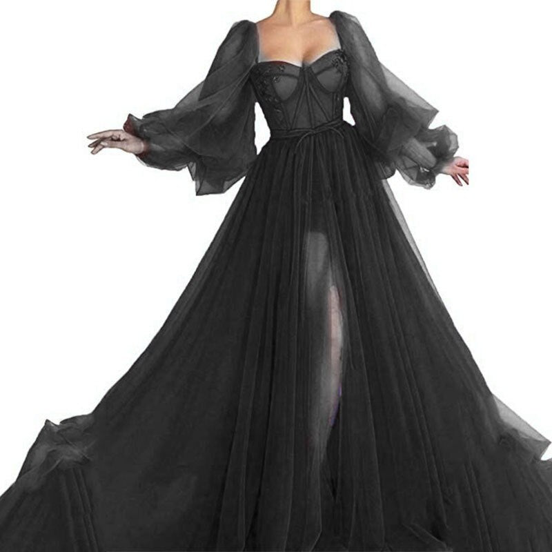 Hoobd Simple Blue Prom Dresses Long Puff Sleeves Exposed Boning Illusion Evening Dresses High Slit Tulle A-Line Formal Gowns
