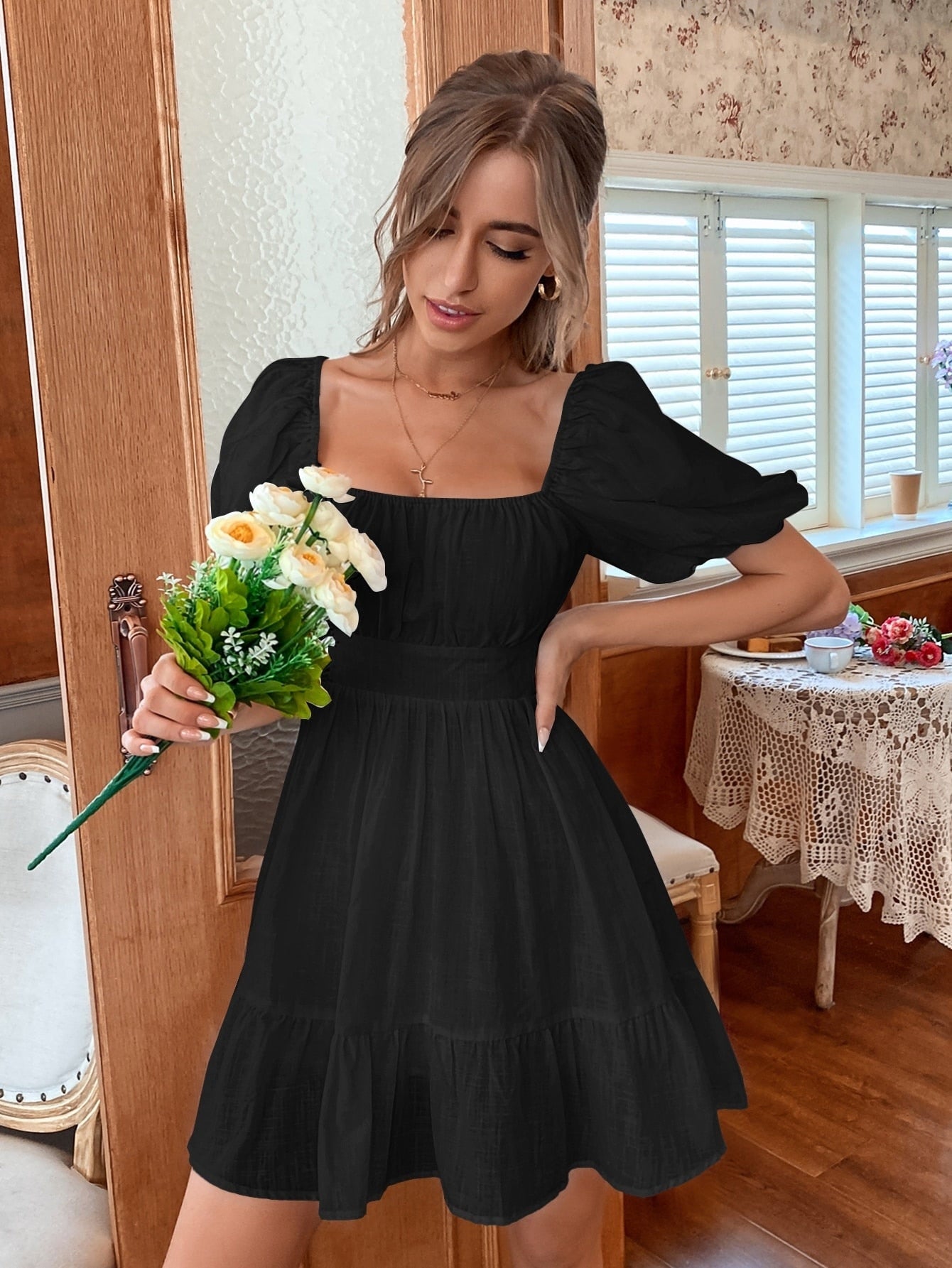 Hoobd White Summer Dress Backless Lace Up Ruffles Ruched Solid Tie Back Flounce Hem Dress·puff Sleeve Elegant Dress