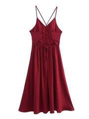 New Women  Lace Up Bandage Backless Sling Dress Vintage Wine  Red Sleeveless Ladies Satin Party Sexy Dresses