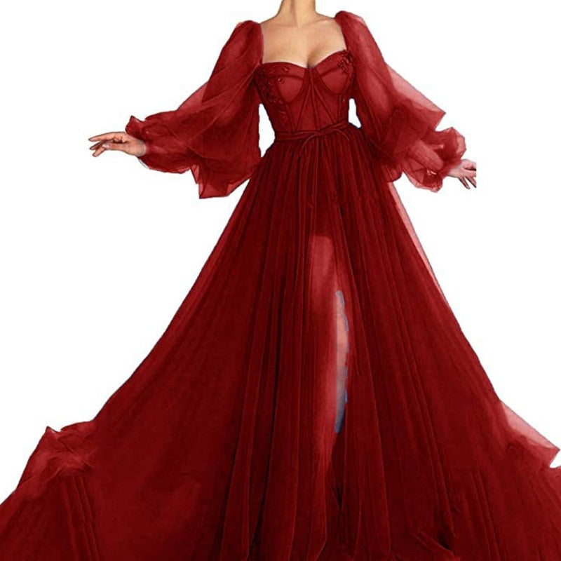 Hoobd Simple Blue Prom Dresses Long Puff Sleeves Exposed Boning Illusion Evening Dresses High Slit Tulle A-Line Formal Gowns