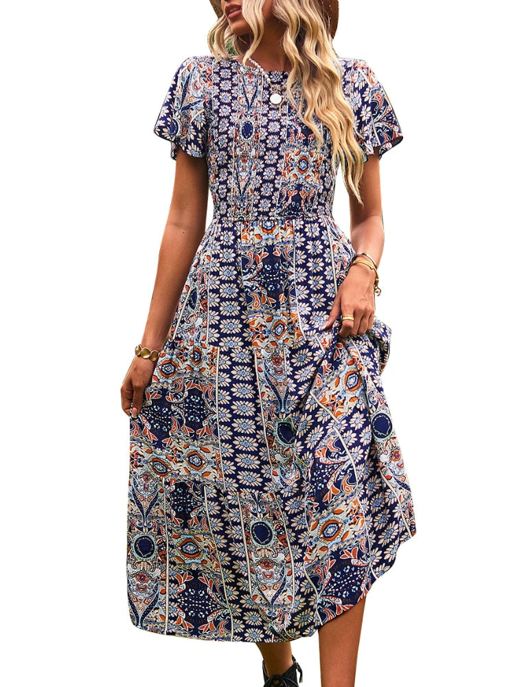 Women Short Sleeve Round Neck Printed Boho Dress