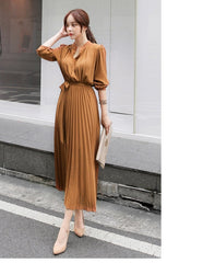 Hoobd Elegant Chiffon Long Sleeve Shirt Dress Women Belt Lace Up A-line Pleated Maxi Dress Korean Fashion Fall Clothes Streetwear