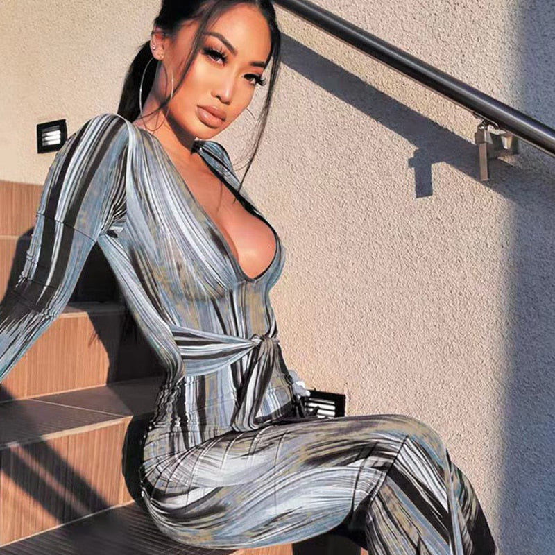 Hoobd Sexy Bandage Dress Waist Illusion Dress 2023 Women V-neck Maxi Dresses Ladies Tie-dye Wave Print Party Dresses Tight Dresses
