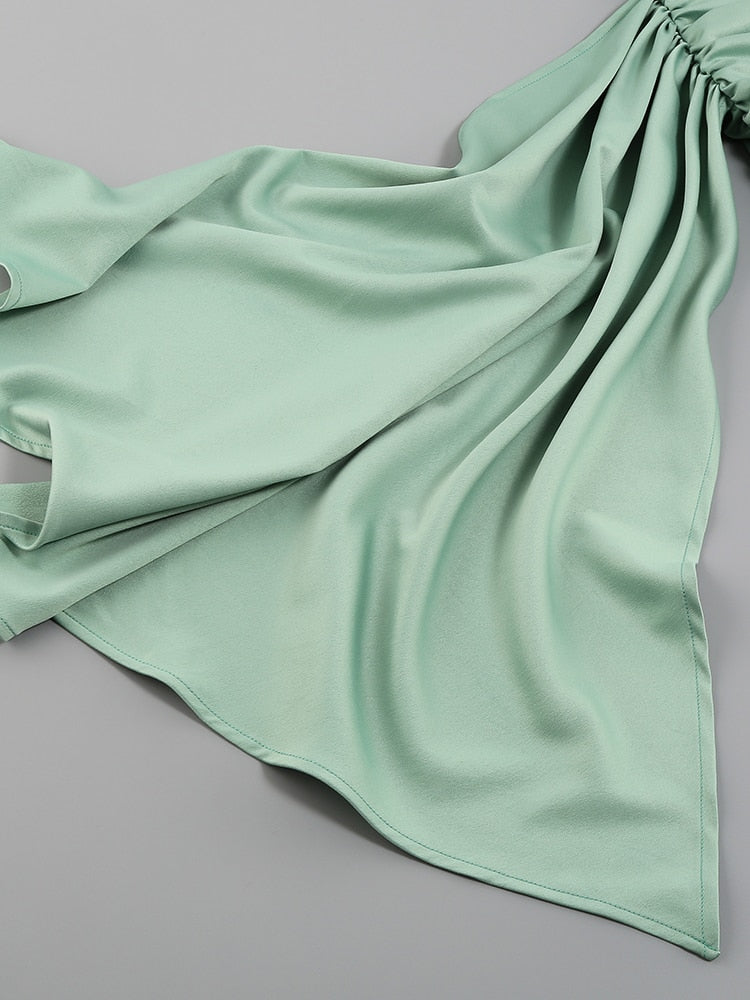 New Green Satin Draping Off Shoulder Corset Dress Elegant Backless Pleated Slim Mini Dress Celebrity Club Night Party Evening
