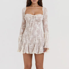 Elegant Birthday Short Dress Women's Square Collar Lace Patchwork Full Sleeve Party Mini Dresses Fairycore Aesthetic