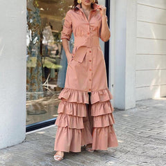 Hoobd Retro Turn-down Collar Long Sleeve Belt Dress Women Fashion Layered Ruffle Cake Dress Fall Single Breasted Elegant Party Dresses