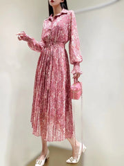 Fashion Designer Spring Print Midi Chiffon Dress Women 2023 New Elegant Long Sleeve Single Breasted Vintage Vacation Robes
