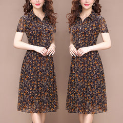 Long Sleeve Dress Women Floral Print Elegant Turndown Collar Summer Female Clothing Slim All-match Casual Button Midi Dress Robe