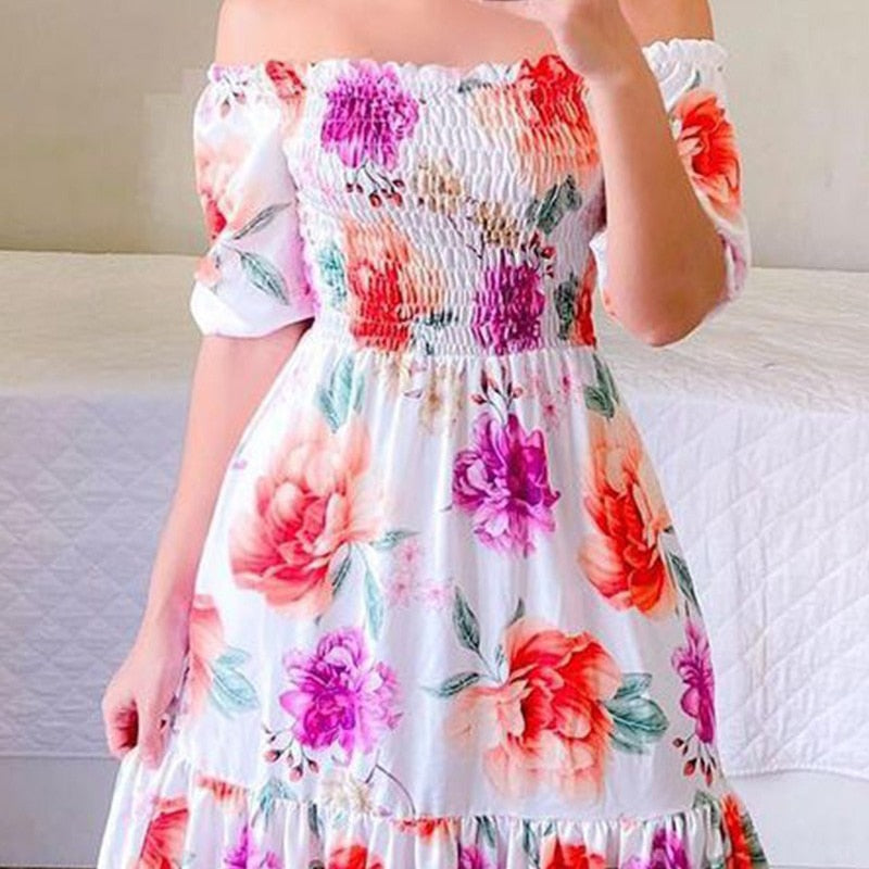 Hoobd Sexy Off The Shoulder Tube Top Dress Butterfly Rainbow Floral Print Dress Ladies Elegant Slim Summer Bohemian Party Maxi Dresses