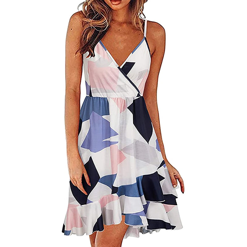 Hoobd S-2XL 17Colors Print Ruffles Sleeveless Fit Flare Dress Casual V-Neck Women Beach Party Entertainment Daily Suspender Wear