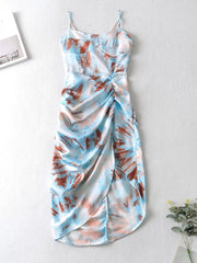 Women Vintage Yellow Tie dye Flower print  Spaghetti Strap Dress Hem Slim Waist Slit Irregular Long Dresses Sling Vestido