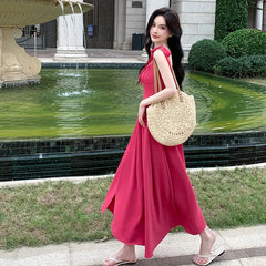 French Vintage A-line Midi Dress for Women 2024 Sleeveless High Waisted Square Collar Flounce Sweet Fairy Dresses Summer