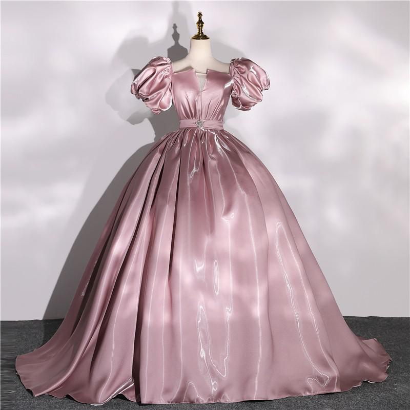 Hoobd Classic Satin Quinceanera Dresses Puff Sleeve V-neck Ball Gown Simple Party Dress Elegant Prom Formal Vestidos Real Photo