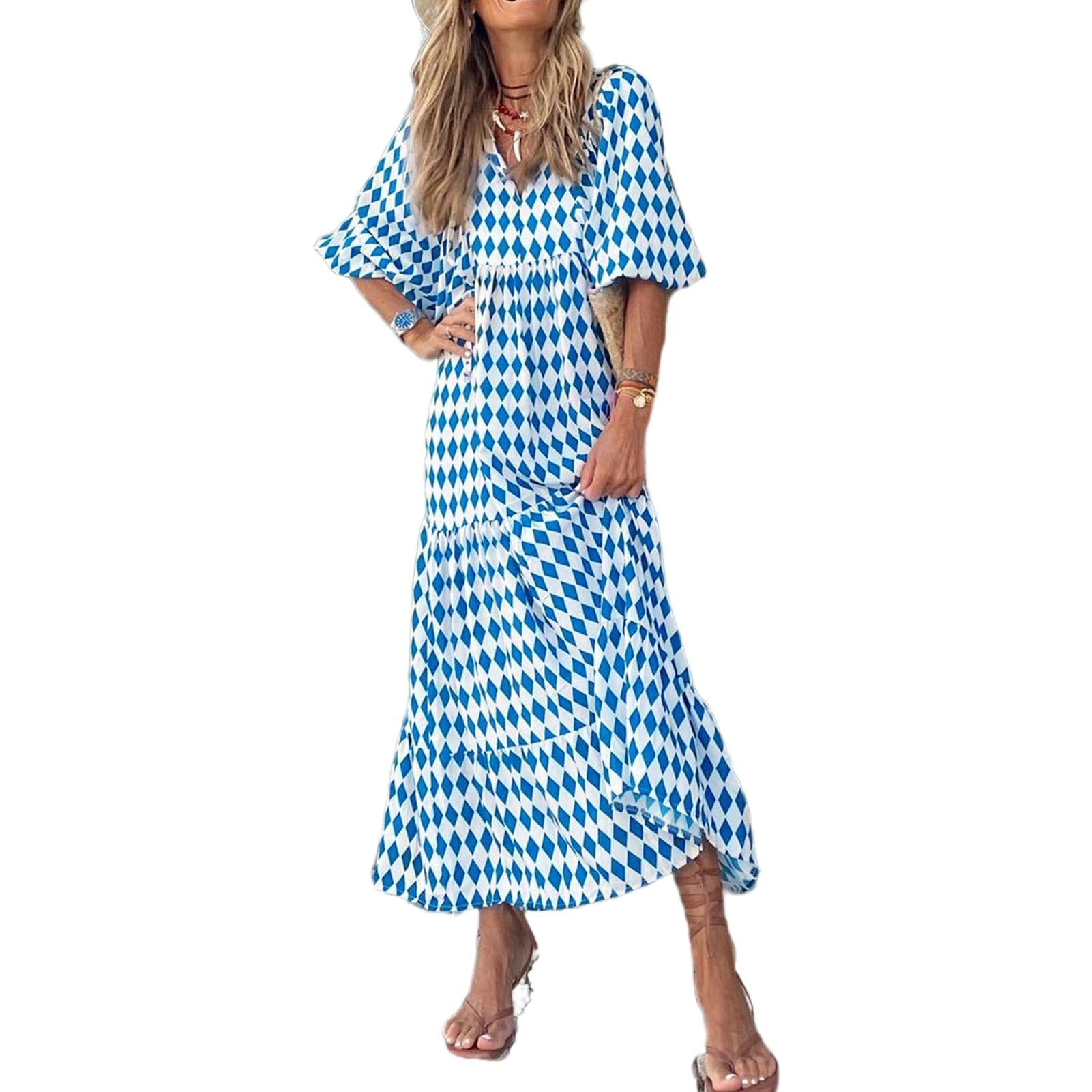 Women Vintage Bohemian Printing Beach Dress Fashion Bubble Sleeves V-Neck Long Dress Spring Summer Female Casual Loose Dresses
