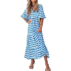Women Vintage Bohemian Printing Beach Dress Fashion Bubble Sleeves V-Neck Long Dress Spring Summer Female Casual Loose Dresses