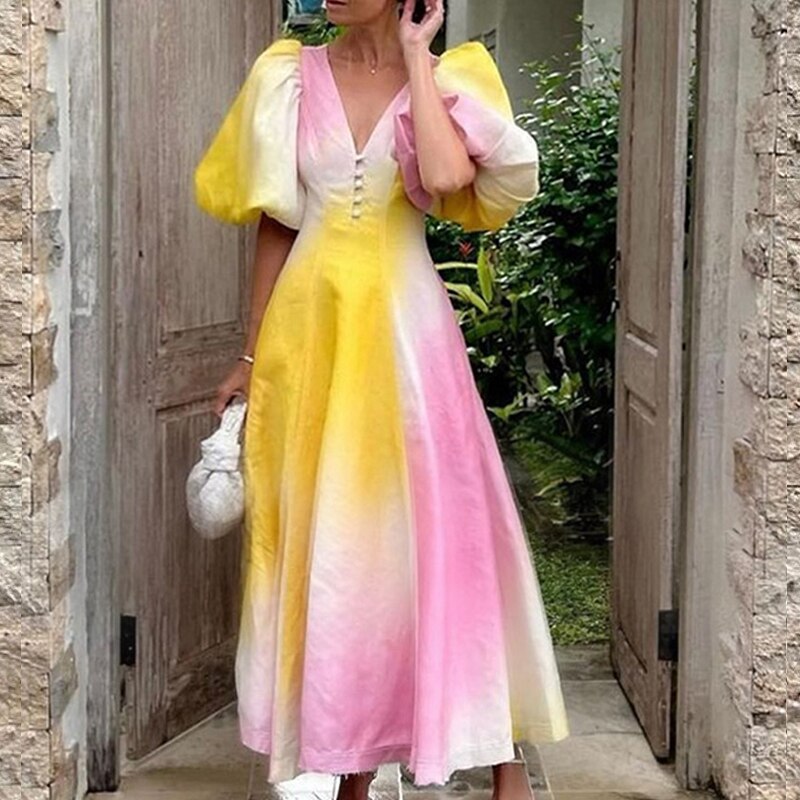 Sexy Deep V Neck Puff Sleeve Summer Bohemia Long Dress Elegant Tie Dye Gradient Color Women Evening Dresses Lady French Vestidos