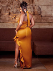 Hoobd Slip Bodycon Dresses for Women Lace Up Backless Ruched Neck Thigh Slit Ruffled X Shape Cocktail Party Night Club Gowns 2023 New