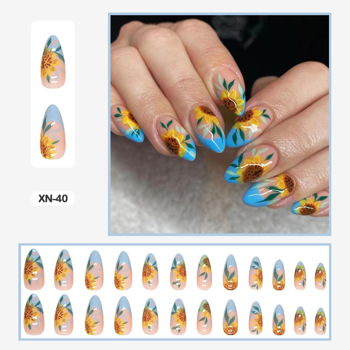 24pcs Girlish Colorful Graffiti Nail Art Fake Nails With Plants Flowers Patterns Short Press on False Nails With Wearing Tools