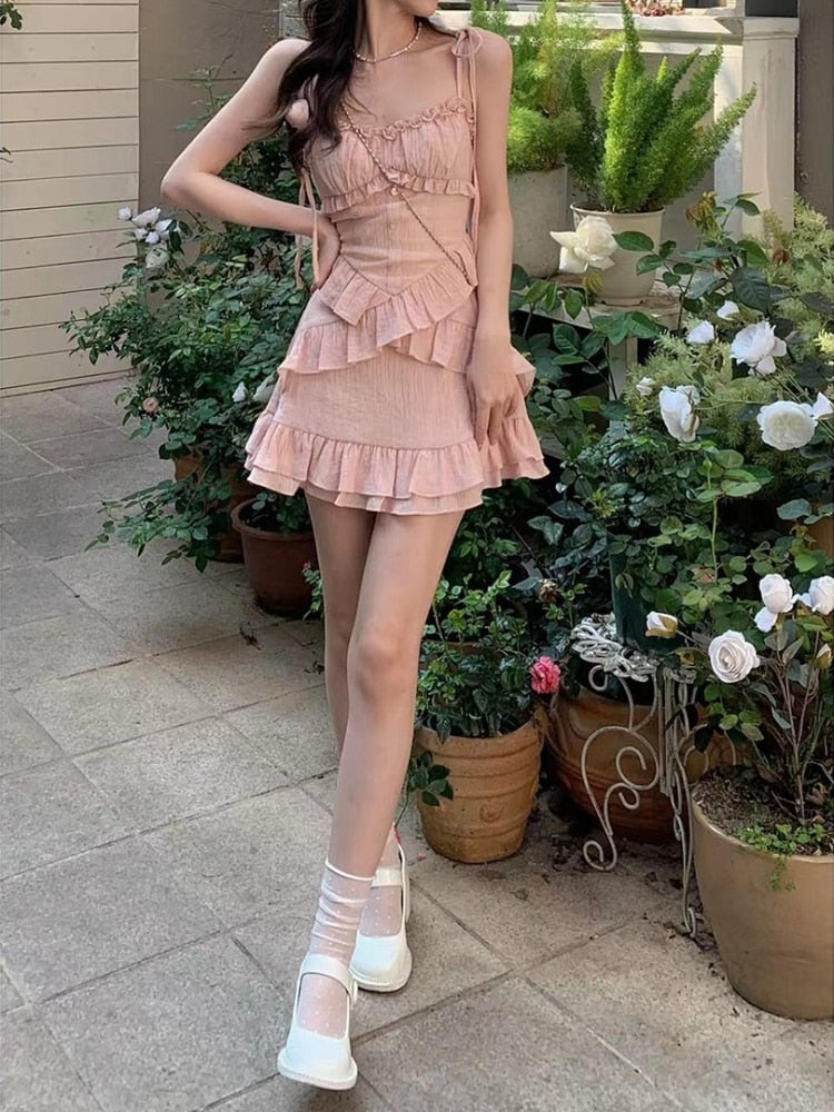 2023 Summer Pink Strap Dress Office Lady Casual Sleeveless Beach Style Y2k Mini Dress Even Party Outwear One Piece Dress Korean