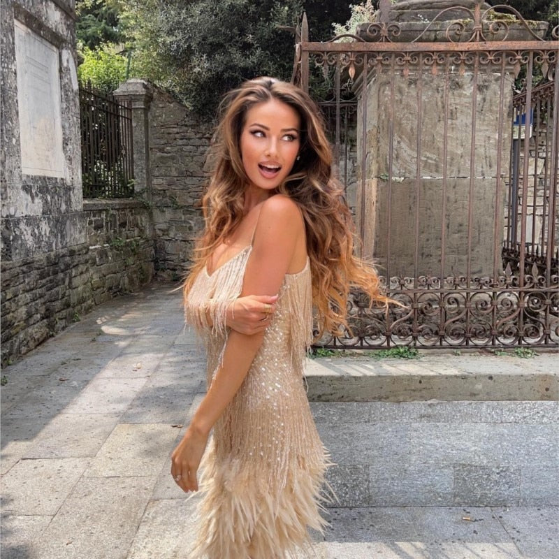 Hoobd Dress Summer Slim V-Neck Off Shoulder Dresses Sexy Women&#39;s Fringed Sequin Feather Stitching Female Backless Slip Mini Robe