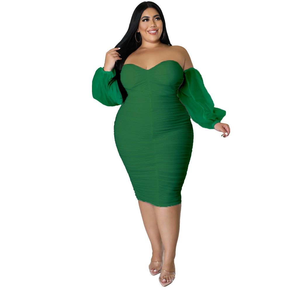 Plus Size Dress Women Party Off Shoulder Mesh Sleeve Sexy Elegant Maxi