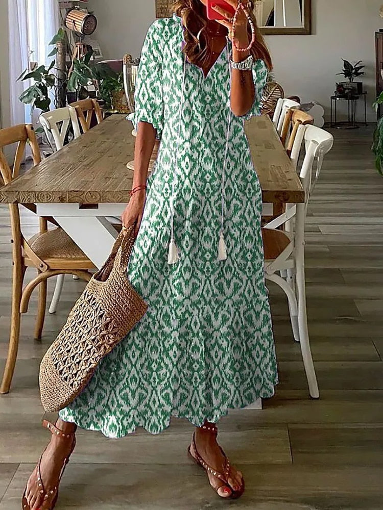 Hoobd Summer Fashion Floral Print Holiday Long Dress Casual Loose Drawstring Half Sleeve Dress Women V Neck Chic Ruffled Boho Dresses
