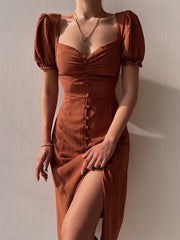 Hoobd Sexy Square Collar Single Breasted Bodycon Midi Dress Women New Solid Color Puff Sleeve Split Summer Package Hip Party Vestidos