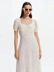 Women Vintage Dot Print Side Split A-line Party Dress Puff Sleeve Square Collar High Street Elegant Casual Dress 2023 Summer New